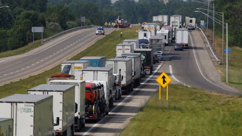 Traffic on U.S. 68 south was backed up after downed power lines blocked the roadway Thursday, June 20, 2024. BILL LACKEY/STAFF