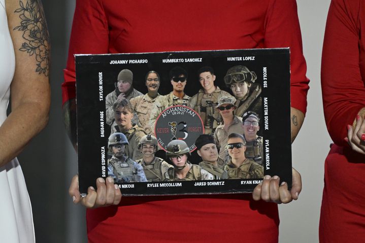 
                        Relatives of some of the 13 U.S. service members killed in the August 2021 bombing at the Kabul airport’s Abbey Gate speak on the third night of the Republican National Convention at the Fiserv Forum in Milwaukee, on Wednesday, July 17, 2024. (Kenny Holston/The New York Times)
                      