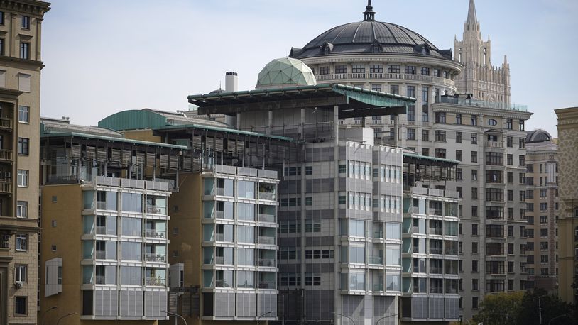 A view of the British Embassy building, centre, in Moscow, Russia, Friday, Sept. 13, 2024, with the Russian Foreign Ministry building in the right. (AP Photo)