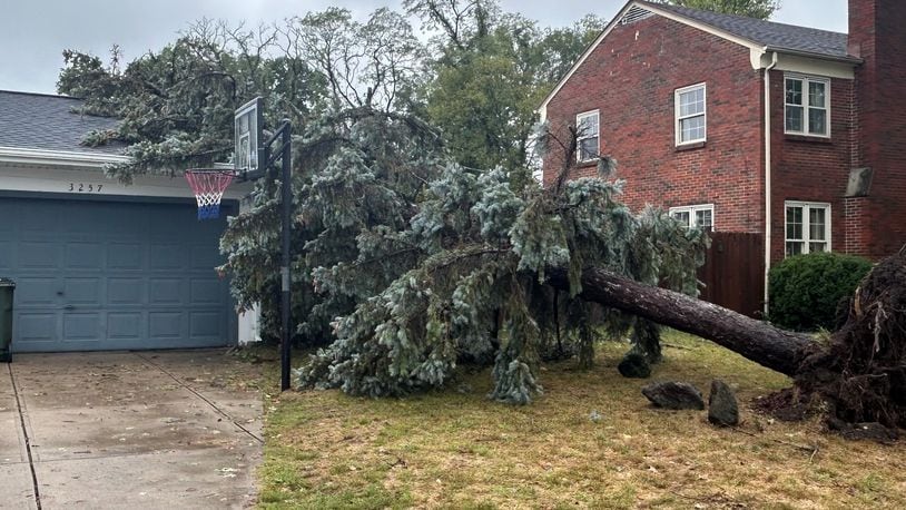 A pine tree fell on a home on Far Hills Avenue in Kettering Friday night after strong winds blew through the region. Jeremy Kelley/Staff Photo