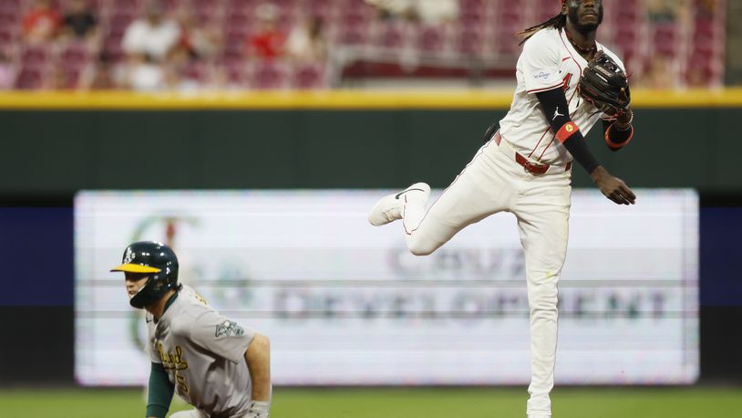 Cincinnati Reds shortstop Elly De La Crux turns the first half of a double play against Oakland Athletics' Jacob Wilson during the seventh inning of a baseball game Wednesday, Aug. 28, 2024, in Cincinnati. (AP Photo/Jay LaPrete)