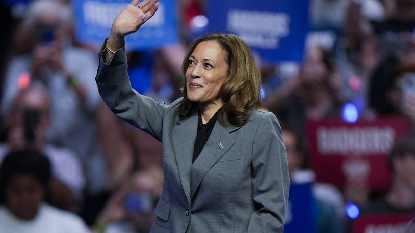 Democratic presidential nominee Vice President Kamala Harris waves to supporters at a campaign event Friday, Sept. 20, 2024, in Madison, Wis. (AP Photo/Morry Gash)