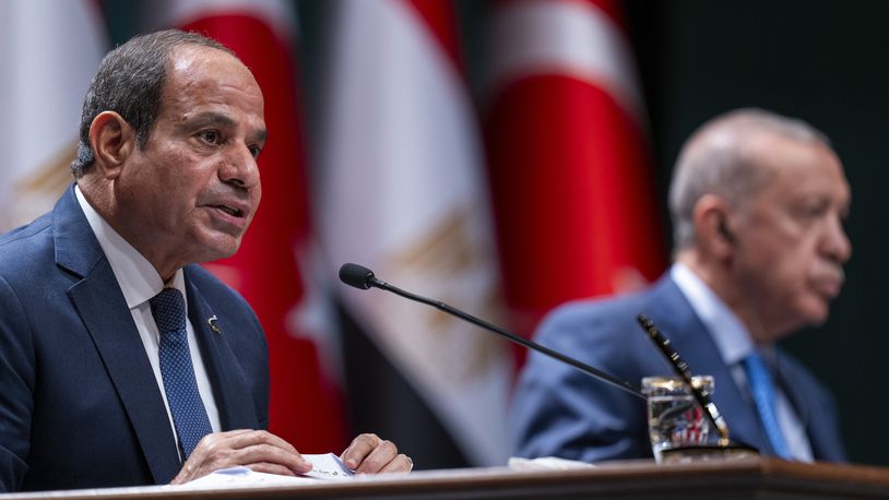 Egyptian President Abdel Fattah el-Sissi, left, talks next to Turkish President Recep Tayyip Erdogan during a bilateral signature agreements ceremony at the Presidential palace in Ankara, Wednesday, Sept. 4, 2024. (AP Photo/Francisco Seco)