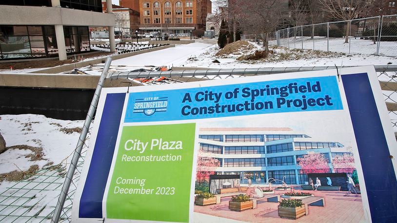 The weather Wednesday, Jan. 17, 2024 seems to have halted work on the Springfield City Plaza. BILL LACKEY/STAFF