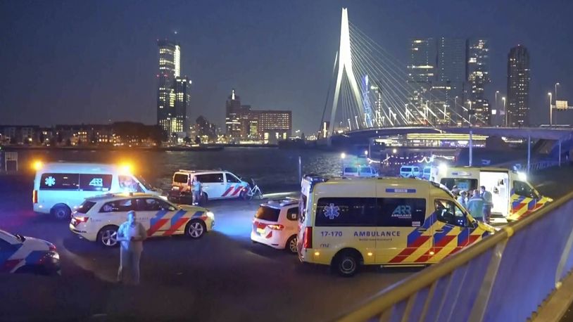 In this image made from video provided by Media TV, personnel respond to a stabbing incident late Thursday, Sept. 19, 2024, in the port city of Rotterdam, Netherlands. (Media TV via AP)