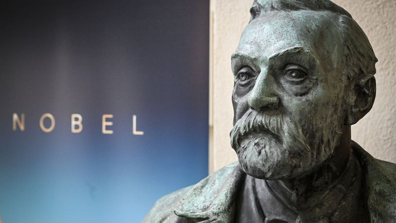 FILE - A bust of Alfred Nobel on display following a press conference at the Karolinska Institute in Stockholm, Sweden, on Monday, Oct. 3, 2022. (Henrik Montgomery/TT News Agency via AP, File)