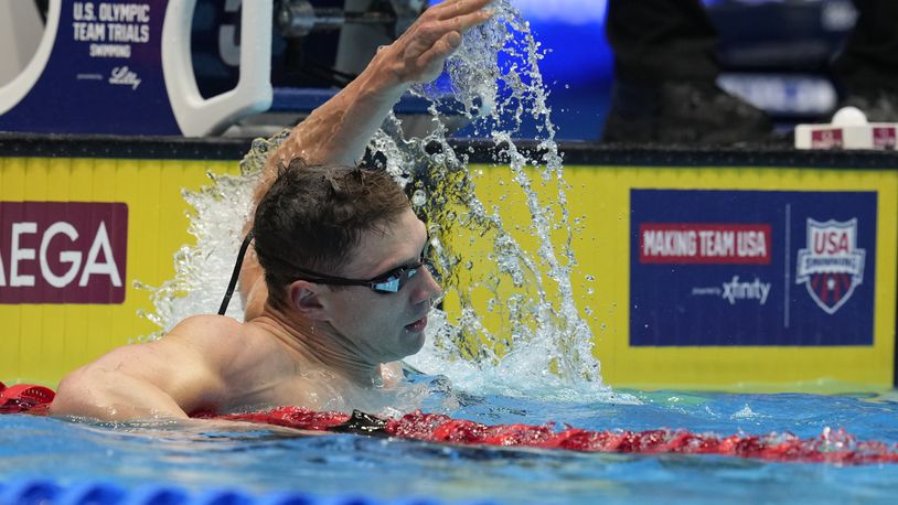 Ryan Murphy celebrates after winningthe Men's 200 backstroke finals Thursday, June 20, 2024, at the US Swimming Olympic Trials in Indianapolis. (AP Photo/Darron Cummings)