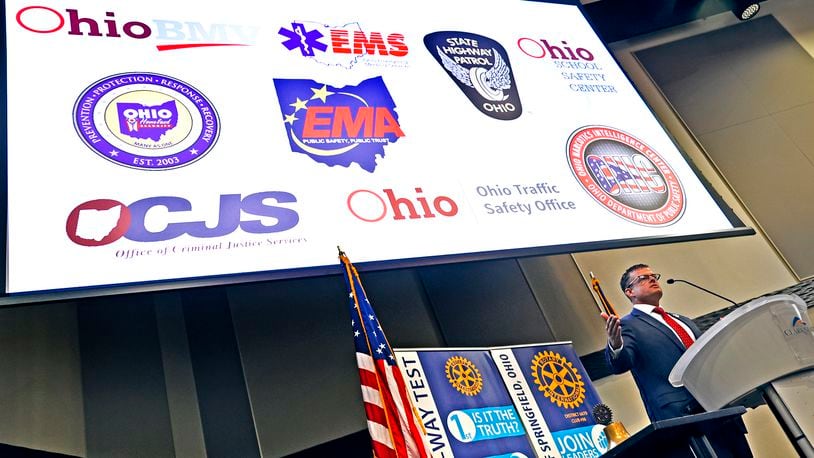 Former Clark County Prosecutor Andy Wilson, talks about his new roll as director of the Ohio Department of Public Safety and the different groups under the department Monday, April 10, 2023 as he speaks during the Springfield Rotary Club's weekly meeting. BILL LACKEY/STAFF