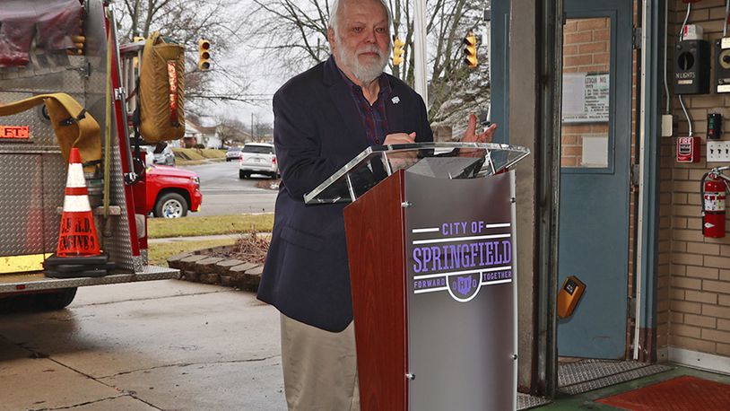 Springfield Mayor Warren Copeland speaks during a decommissioning ceremony for the City's Fire Station No. 3 on Selma Road Tuesday, Jan. 3, 2023. BILL LACKEY/STAFF