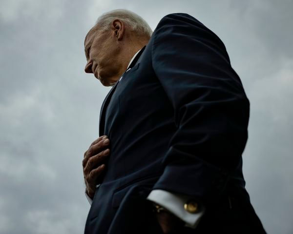 President Joe Biden talks to reporters after stepping off Air Force One at Wilkes-Barre Scranton International Airport in Scranton, Pa., on Aug. 17, 2023. (Samuel Corum/The New York Times)