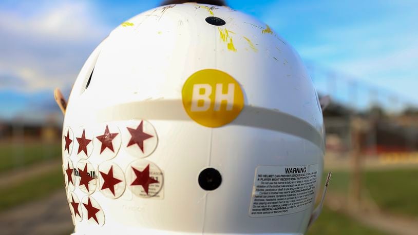 A Northeastern High School football helmet adorned with a BH decal in honor of former longtime assistant Northeastern High School coach Bill Haggy. CONTRIBUTED PHOTO BY MICHAEL COOPER