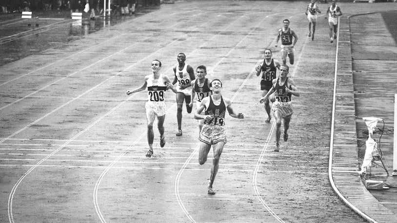 FILE - Bob Schul of West Milton, Ohio, hits the tape to win the 5,000 meter run at the Olympic Games in Tokyo Oct. 18, 1964. Schul, the only American distance runner to win the 5,000 meters at the Olympics, has died. He was 86. His death on Sunday, June 16, 2024, was announced by Miami University in Ohio, where Schul shined on the track and was inducted into the school’s hall of fame in 1973. (AP Photo)