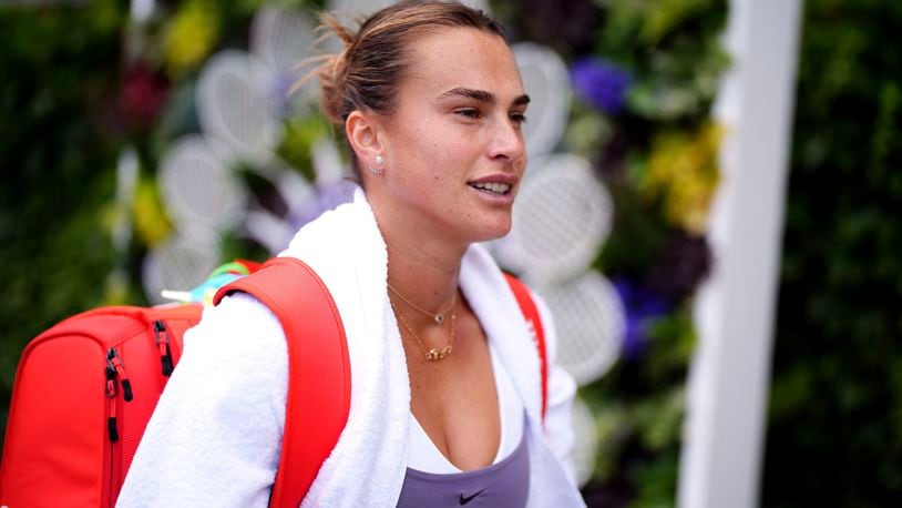 Aryna Sabalenka is shown at Wimbledon Monday, July 1, 2024. Third-seeded Aryna Sabalenka withdrew from Wimbledon on Monday because of an injured shoulder. The two-time Australian Open champion was supposed to play Emina Bektas of the United States in the first round on Day 1 at the grass-court Grand Slam tournament. (John Walton/PA via AP)