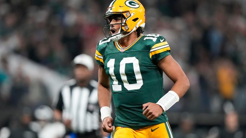 Green Bay Packers quarterback Jordan Love (10) reacts during the second half of an NFL football game against the Philadelphia Eagles, Friday, Sept. 6, 2024, at the Neo Quimica Arena in Sao Paulo. (AP Photo/Doug Benc)