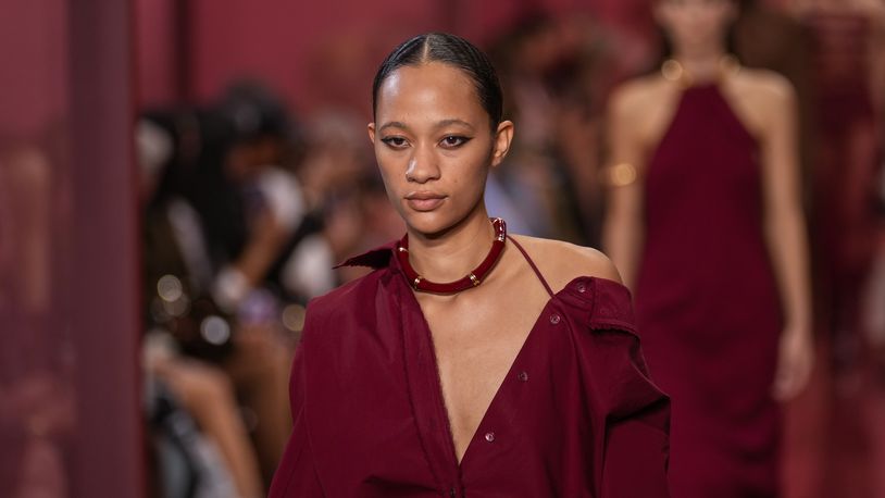 A model wears a creation as part of the Gucci Spring Summer 2025 collection, that was presented in Milan, Italy, Friday, Sept. 20, 2024. (AP Photo/Luca Bruno).