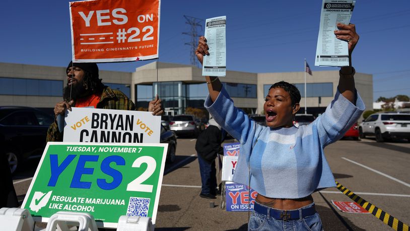 FILE - Nikko Griffin, left, and Tyra Patterson, call out to arriving voters for several issues, including Issue 2, legalizing recreational marijuana, at a parking lot during early in-person voting in Cincinnati, Nov. 2, 2023. A new law banning foreign nationals and green card holders from contributing to state ballot campaigns in Ohio curtails the constitutionally protected rights of free speech and association, according to a lawsuit filed Thursday, June 28, 2024 in federal court.(AP Photo/Carolyn Kaster, File)