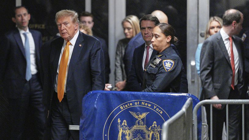 Former President Donald Trump, with his attorney Todd Blanche at his side, walks over to speak to the media as the jury deliberates in this trial at Manhattan Criminal Court, Wednesday, May 29, 2024, in New York. (Curtis Means/Pool Photo via AP)