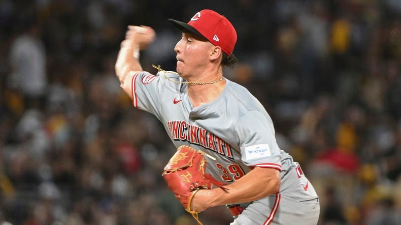 Cincinnati Reds pitcher Julian Aguiar delivers against the Pittsburgh Pirates in the fifth inning of a baseball game, Saturday, Aug. 24, 2024, in Pittsburgh. (AP Photo/Barry Reeger)