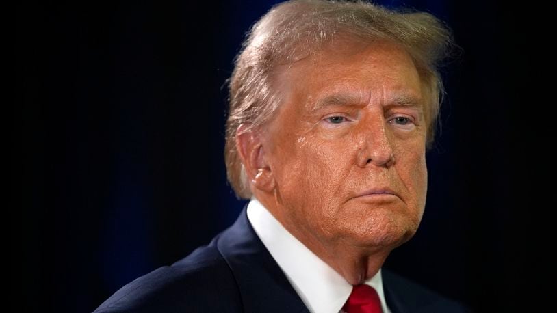 Republican presidential nominee former President Donald Trump speaks to reporters in the spin room after a presidential debate with Democratic presidential nominee Vice President Kamala Harris, Tuesday, Sept. 10, 2024, in Philadelphia. (AP Photo/Matt Slocum)