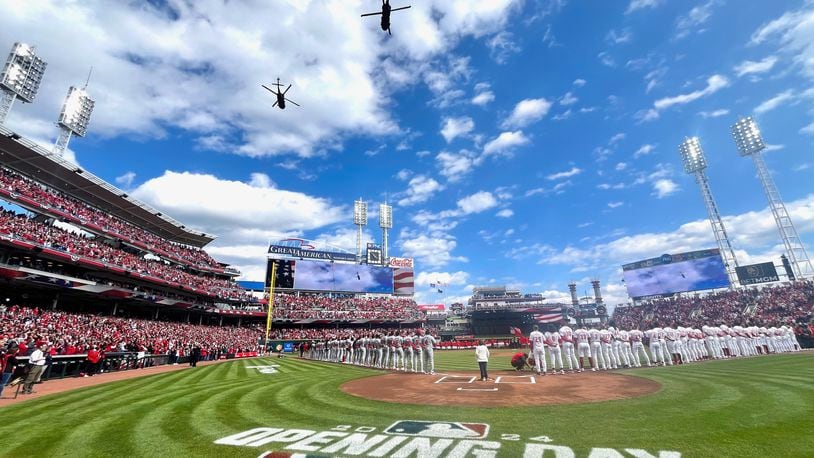 The scene on Opening Day before a Reds game against the Nationals on Thursday, March 28, 2024, at Great American Ball Park in Cincinnati. David Jablonski/Staff