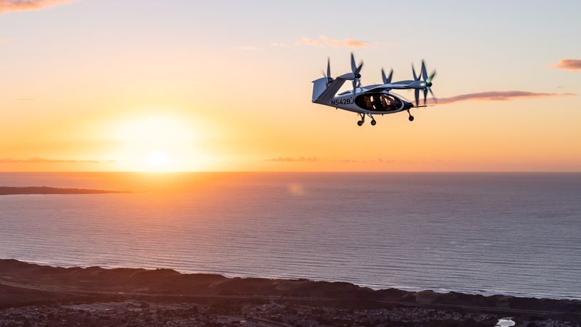 Joby’s all-electric aircraft in flight above Marina, California. Joby Aviation photo