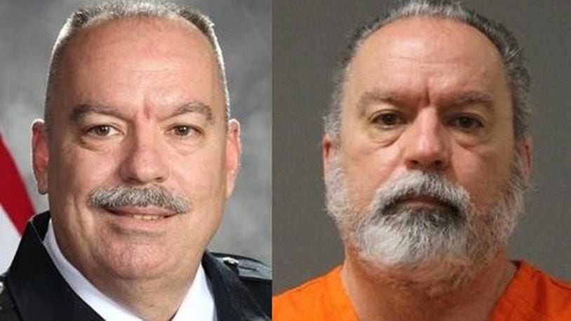 Retired Beavercreek police officer Kevin A. Kovacs, left, shown in a police uniform, and right, shown in an orange Shelby County Jail jumpsuit following his April 2020 arrest in a federal child pornography case.