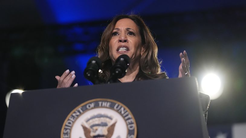 Vice President Kamala Harris speaks during a campaign event on {tdow}, {tmap} {tdy}, {tyr4}, in Atlanta. (AP Photo/Brynn Anderson)