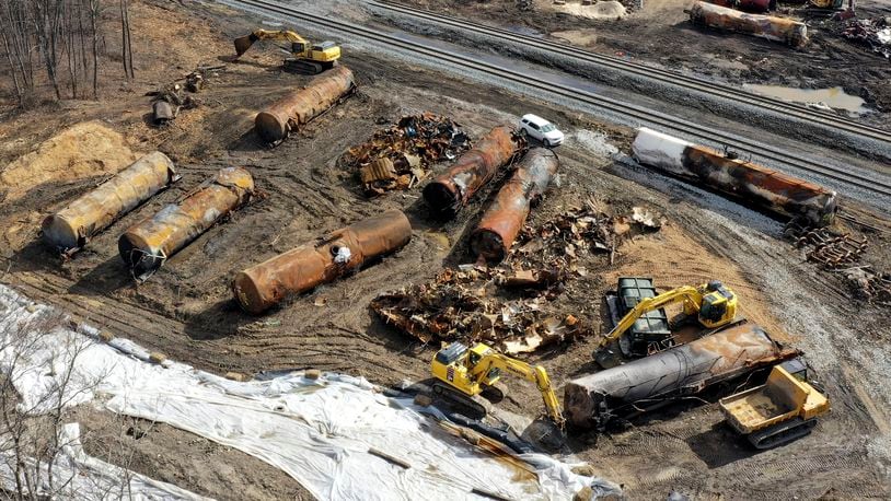 A view of the scene Friday, Feb. 24, 2023, as the cleanup continues at the site of of a Norfolk Southern freight train derailment that happened on Feb. 3 in East Palestine, Ohio. (AP Photo/Matt Freed)