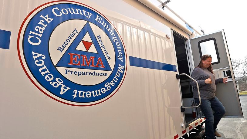 Michelle Clements-Pitstick, director of the Clark County EMA, leaves the county's new Command Center trailer Thursday, March 2, 2023. BILL LACKEY/STAFF