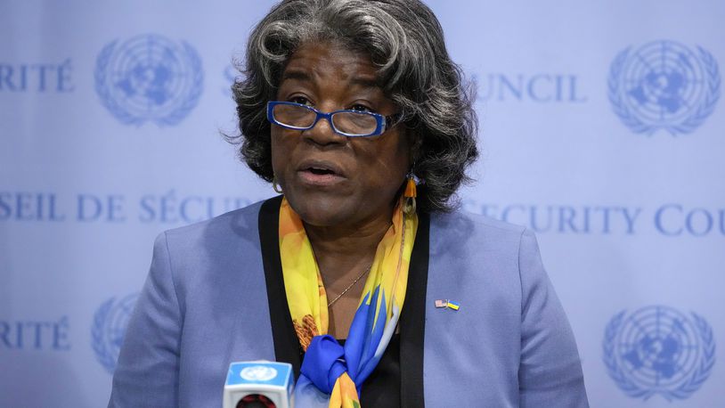 FILE - Linda Thomas-Greenfield, United States Ambassador to the United Nations, speaks after a meeting of the United Nations Security Council, Aug. 24, 2023, at United Nations headquarters. (AP Photo/John Minchillo, File)