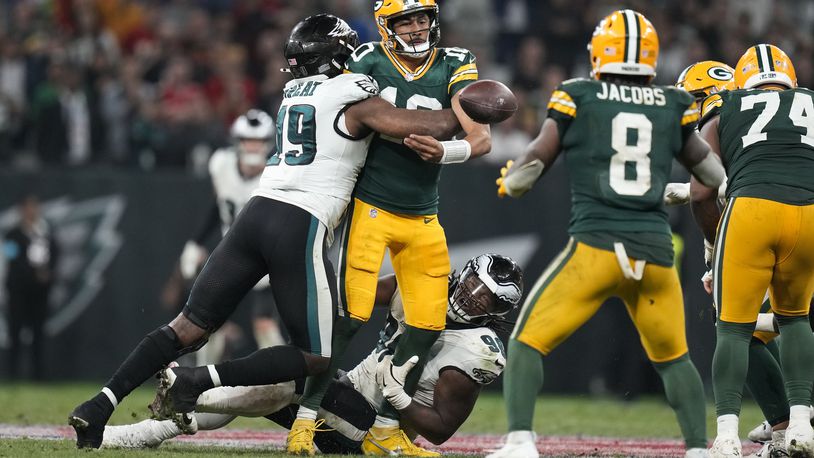 Green Bay Packers quarterback Jordan Love (10) gets hurt during the second half of an NFL football game against the Philadelphia Eagles, Saturday, Sept. 7, 2024, at the Neo Quimica Arena in Sao Paulo. (AP Photo/Andre Penner)