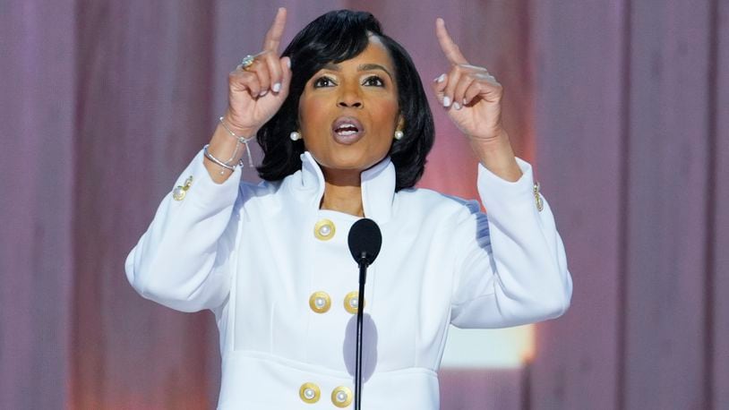 FILE - Angela Alsobrooks, the Democratic nominee for the US Senate in Maryland, speaking at the Democratic National Convention, Aug. 20, 2024, in Chicago. (AP Photo/J. Scott Applewhite, File)