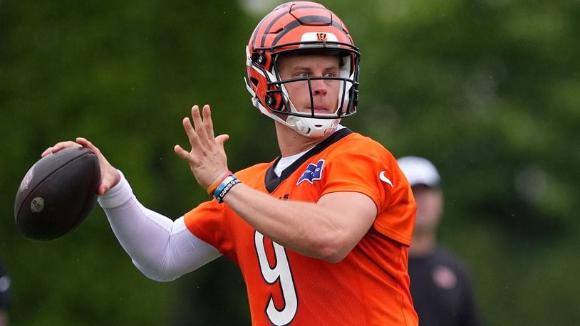 Cincinnati Bengals quarterback Joe Burrow throws during the team's NFL football training camp Sunday, July 28, 2024, in Cincinnati. (AP Photo/Kareem Elgazzar)