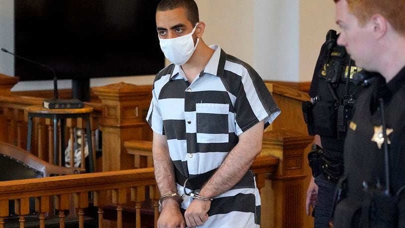 FILE - Hadi Matar, the man charged with stabbing author Salman Rushdie, arrives for an arraignment at the Chautauqua County Courthouse, Aug. 13, 2022, in Mayville, N.Y. Matar rejected a plea deal Tuesday, July 2, 2024, that would have shortened his state prison term but exposed him to a federal terrorism-related charge, the suspect's lawyer said. (AP Photo/Gene J. Puskar, File)