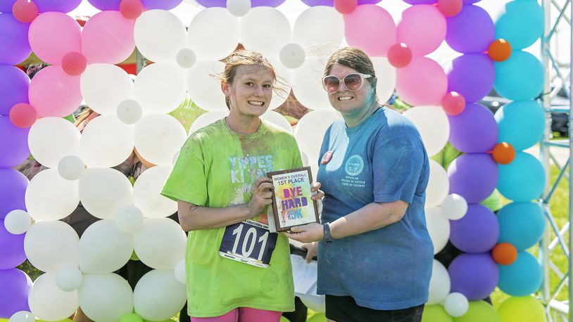 Kaylee Yontz, first place overall winner and women’s first place winner of the Dye Hard 5K. She received her award from Melissa Tuttle, Clerk of Common Pleas Court. Contributed