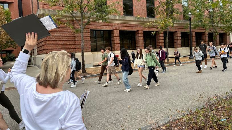 A volunteer with the League of Women Voters of Ohio works to register student voters on the campus of the Ohio State University in Columbus, Ohio, Thursday, Sept. 26, 2024. (AP Photo/Julie Carr Smyth)