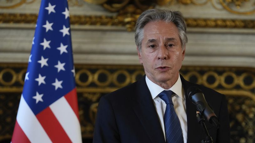 U.S. Secretary of State Antony Blinken gives a press conference, in Quai d'Orsay, Paris, France, Thursday, Sept. 19, 2024. (AP Photo/Michel Euler)