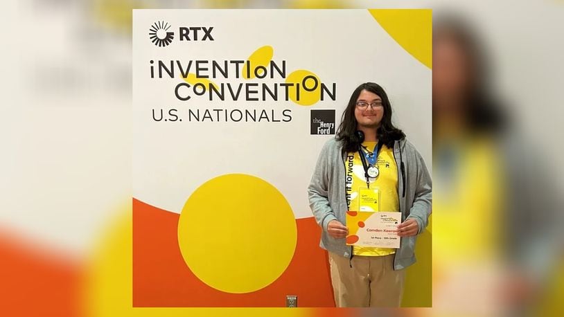 Camden Keeran, a Computer Graphic Design student from Kenton Ridge High School, won first place at the Invention Convention U.S. Nationals with his invention Dash Stash, a product to help keep food deliveries warm and safe. Contributed