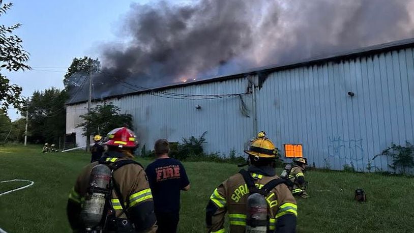 Firefighters battled a heavy fire at 801 Burt St. just after 5 a.m. on Sunday at large abandoned multi-building industrial complex. Contributed/Springfield Rescue Fire Division