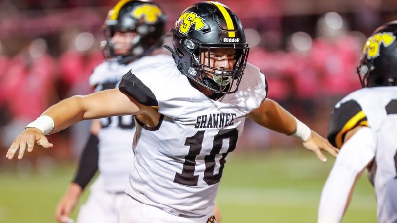 Cutline: Shawnee High School senior Hayden Coppess celebrates after making a big play during their game earlier this season at Stebbins. CONTRIBUTED PHOTO BY MICHAEL COOPER