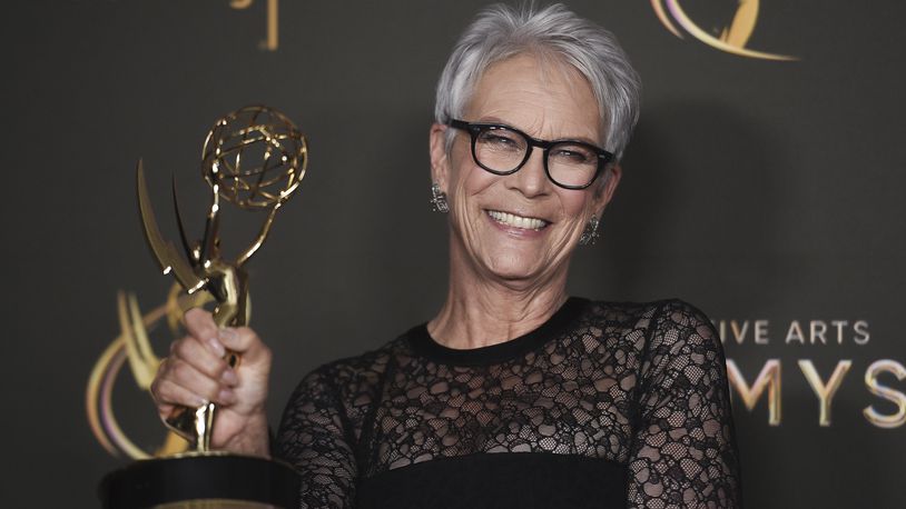 Jamie Lee Curtis poses with her award for outstanding guest actress in a comedy series for “The Bear” on night two of the Creative Arts Emmy Awards on Sunday, Sept. 8, 2024, in Los Angeles. (Photo by Richard Shotwell/Invision/AP)