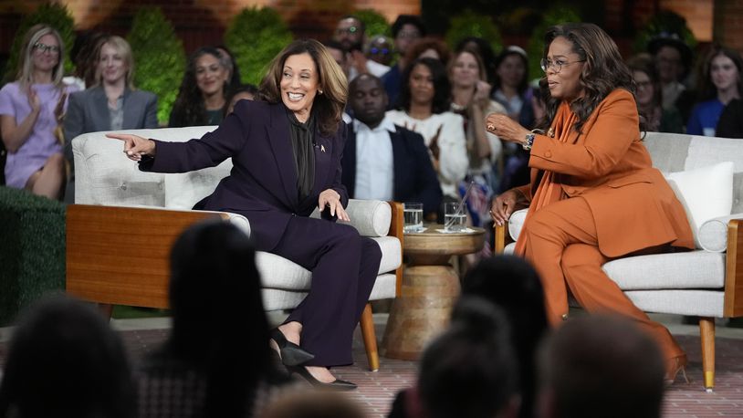 Democratic presidential nominee Vice President Kamala Harris joins Oprah Winfrey at Oprah's Unite for America Live Streaming event Thursday, Sept. 19, 2024 in Farmington Hills, Mich. (AP Photo/Paul Sancya)