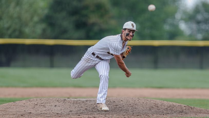 Kenton Ridge High School junior Zach Deel delivers the ball to the plate during their Division II district semifinal game against Bellefontaine on Tuesday at Tom Randall Field. Deel allowed one hit as the Cougars won 10-0 in five innings. Michael Cooper/CONTRIBUTED
