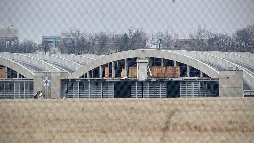 Storm damage Wednesday morning, Feb. 28, 2024 to hangars where aircraft are restored for Air Force Museum. MARSHALL GORBY\STAFF