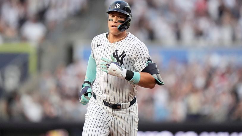 New York Yankees' Aaron Judge runs the bases after hitting a two-run home run during the first inning of a baseball game against the Atlanta Braves, Saturday, June 22, 2024, in New York. (AP Photo/Frank Franklin II)
