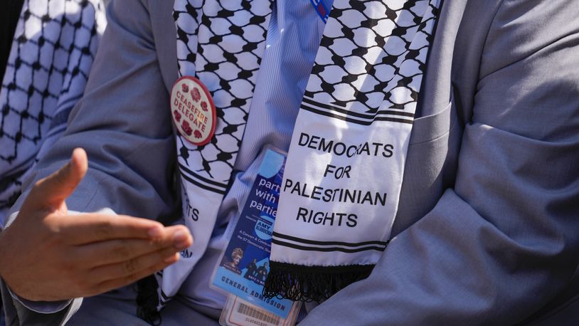 Abbas Alwieh, a Michigan uncommitted delegate, participates in a press conference outside the United Center before the Democratic National Convention Thursday, Aug. 22, 2024, in Chicago. (AP Photo/Matt Rourke)