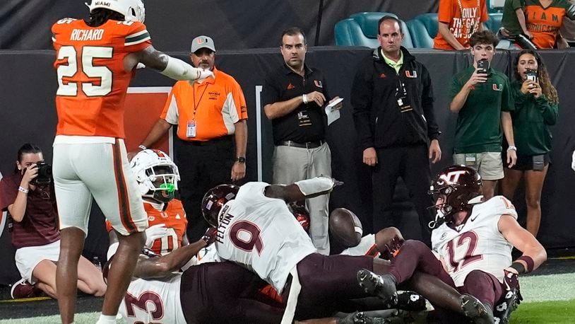 Virginia Tech wide receiver Da'Quan Felton (9) drops the ball after a last minute pass in the endzone during the second half of an NCAA college football game against Miami, Friday, Sept. 27, 2024, in Miami Gardens, Fla. (AP Photo/Marta Lavandier)