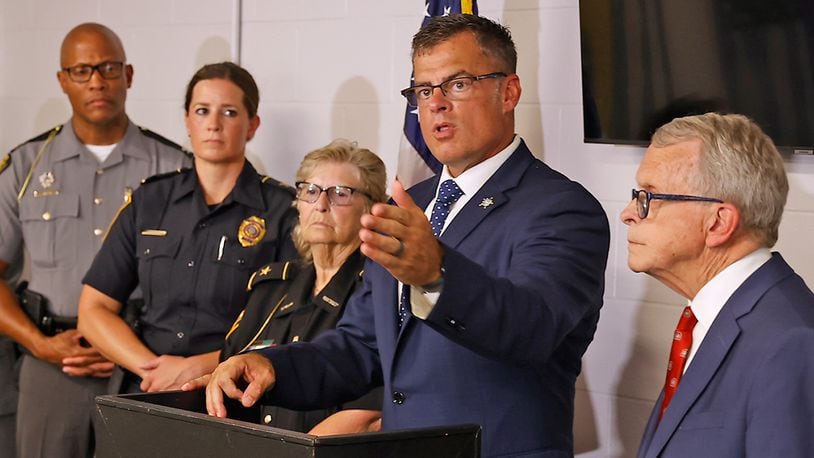 Andy Wilson, director of the Ohio Department of Public Safety, speaks during  a press conference talking about how the state is partnering with local law enforcement to fight violent crime Friday, August 25, 2023. BILL LACKEY/STAFF