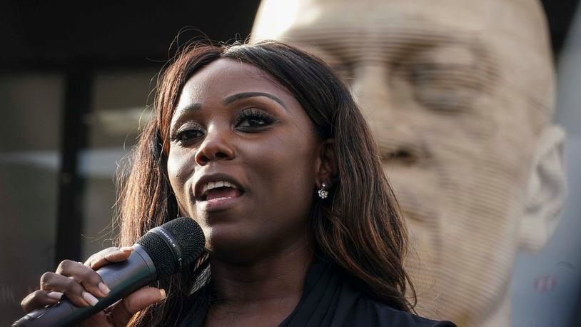 FILE - New York Councilwoman Farah Louis speaks during a celebration ceremony for the refurbished George Floyd statue, after it was vandalized following its Juneteenth installation, July 22, 2021, in the Brooklyn borough of New York. (AP Photo/Bebeto Matthews, File)