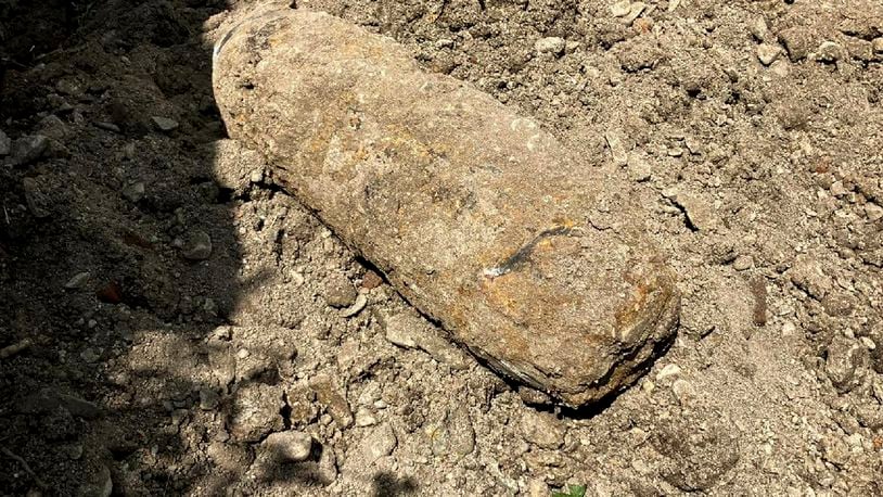 This photo released by the Police of the Czech Republic on Friday Aug. 30, 2024, shows a World War II bomb that was found last week at a major chemical plant near the city of Litvinov, northwestern Czech Republic. Czech explosive experts detonated the bomb where it was found. (Policie CR via AP)